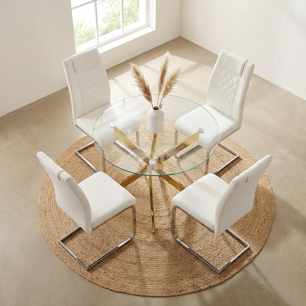Round Glass Dining Table Set for 4, 35.5' Glass Dining Table with Gold Legs,