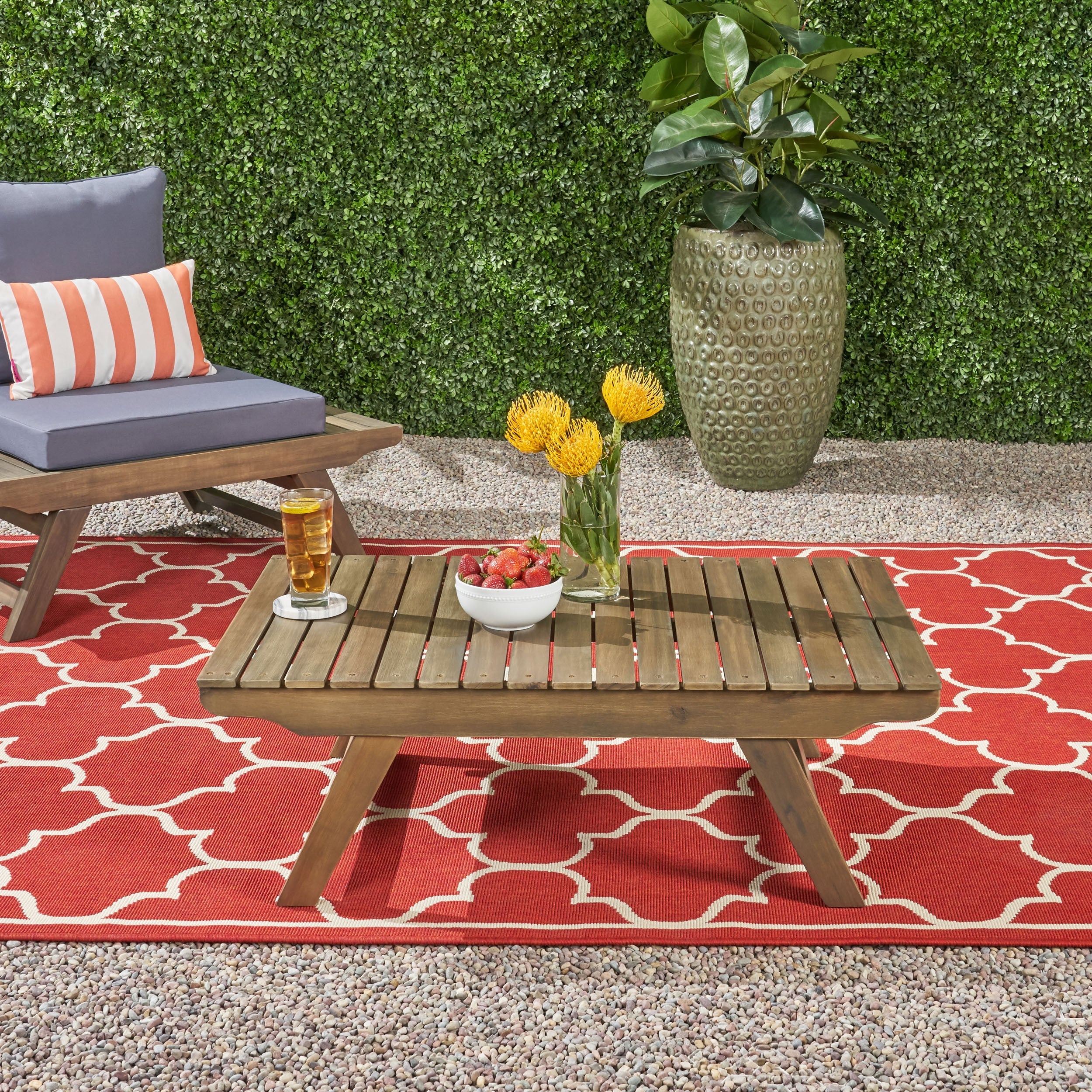 Outdoor Coffee Table Acacia Wood Gray Open Slat Design 37x24x12.5 In
