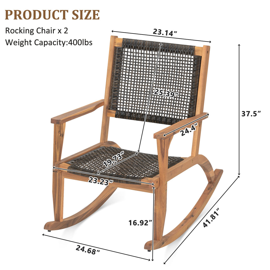 Outdoor Rocking Chair Acacia Wood Wicker Dark Brown Set 2