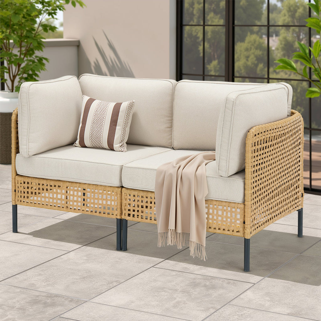 Outdoor Sectional Set Wicker Boho Beige Cushion Modular