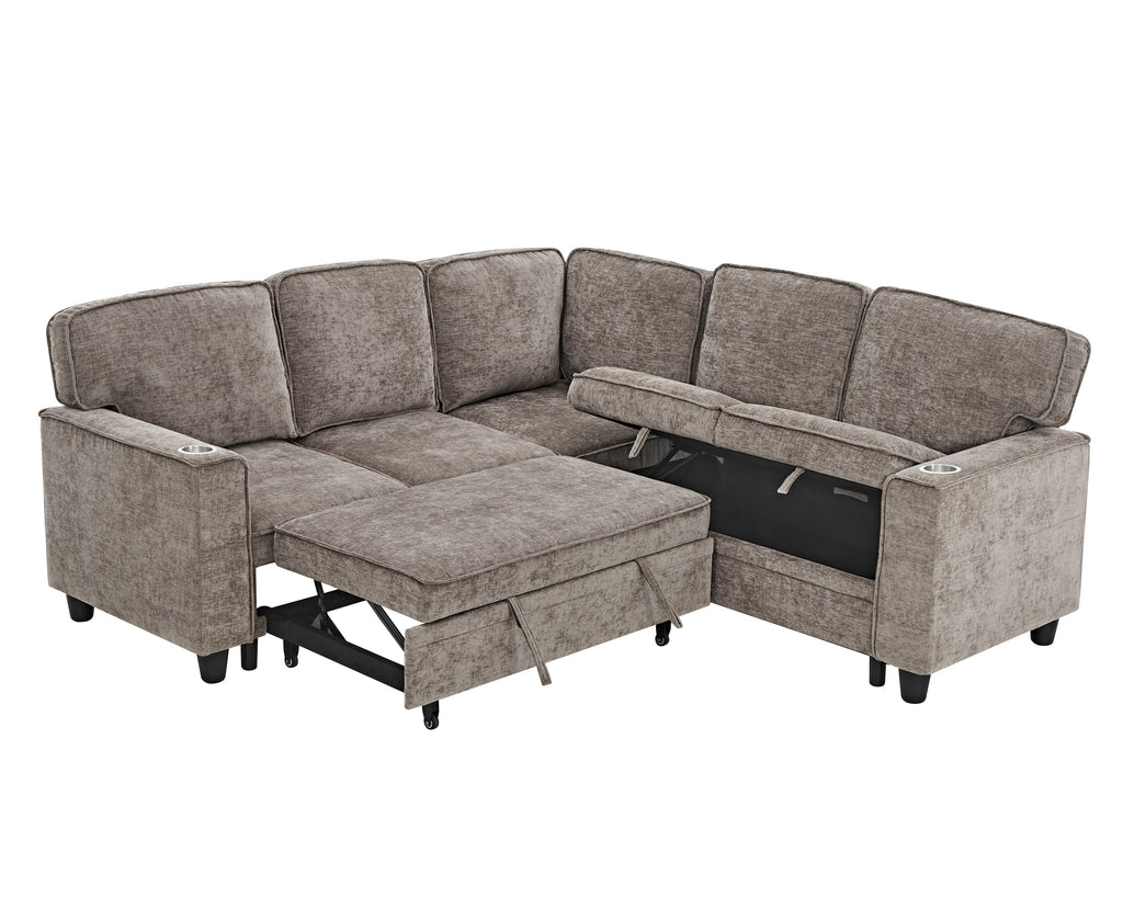 Sectional Sofa L-Shape Chenille Brown 5 Seat USB Ports Pull-Out 81 In