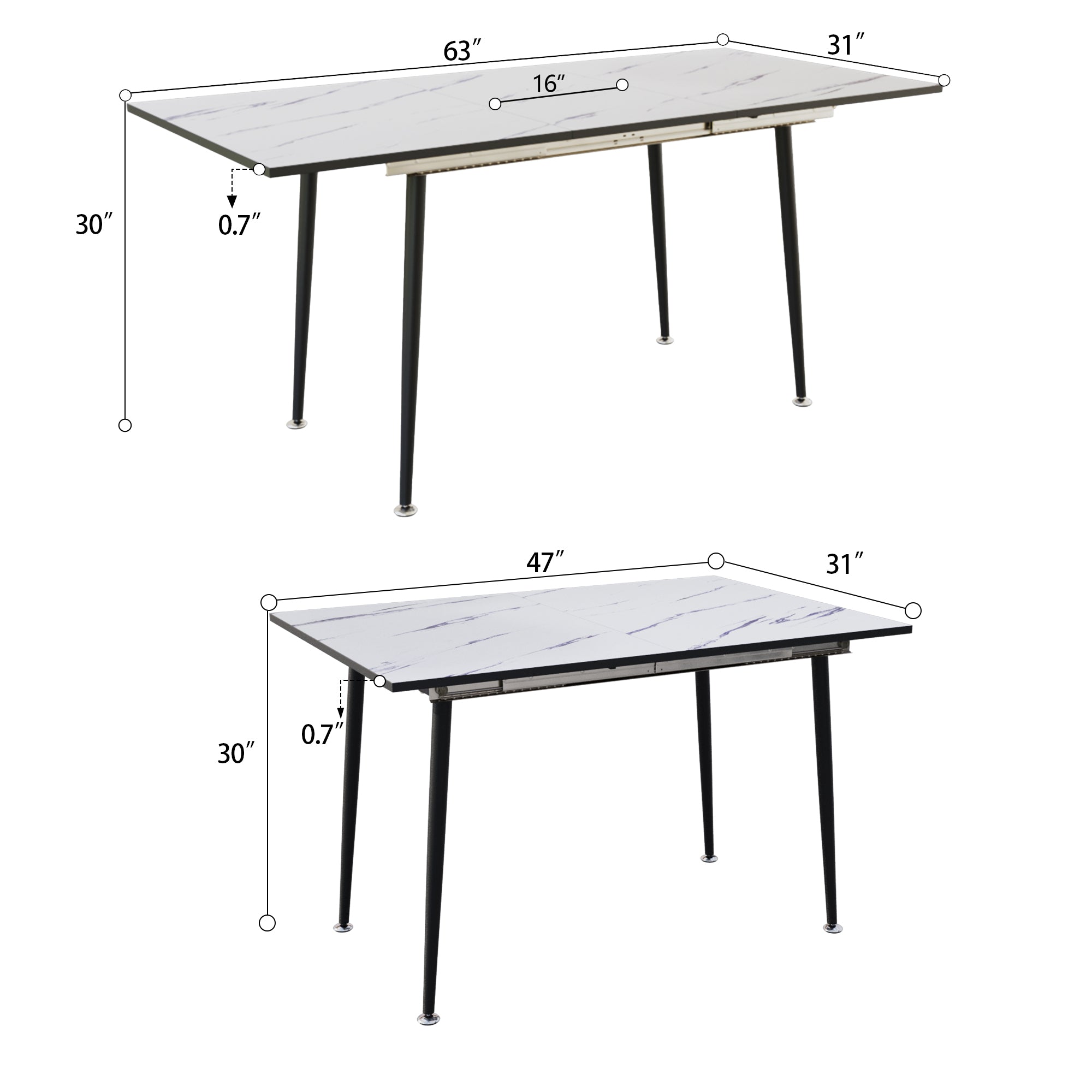 47'-63' expandable dining table set for 2-6 people, equipped with PU fabric