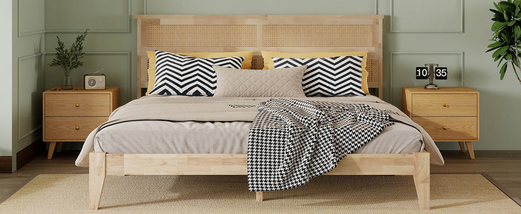 King Size Solid Wood Bed with Rattan Headboard, Rubber Wood Bed with Central