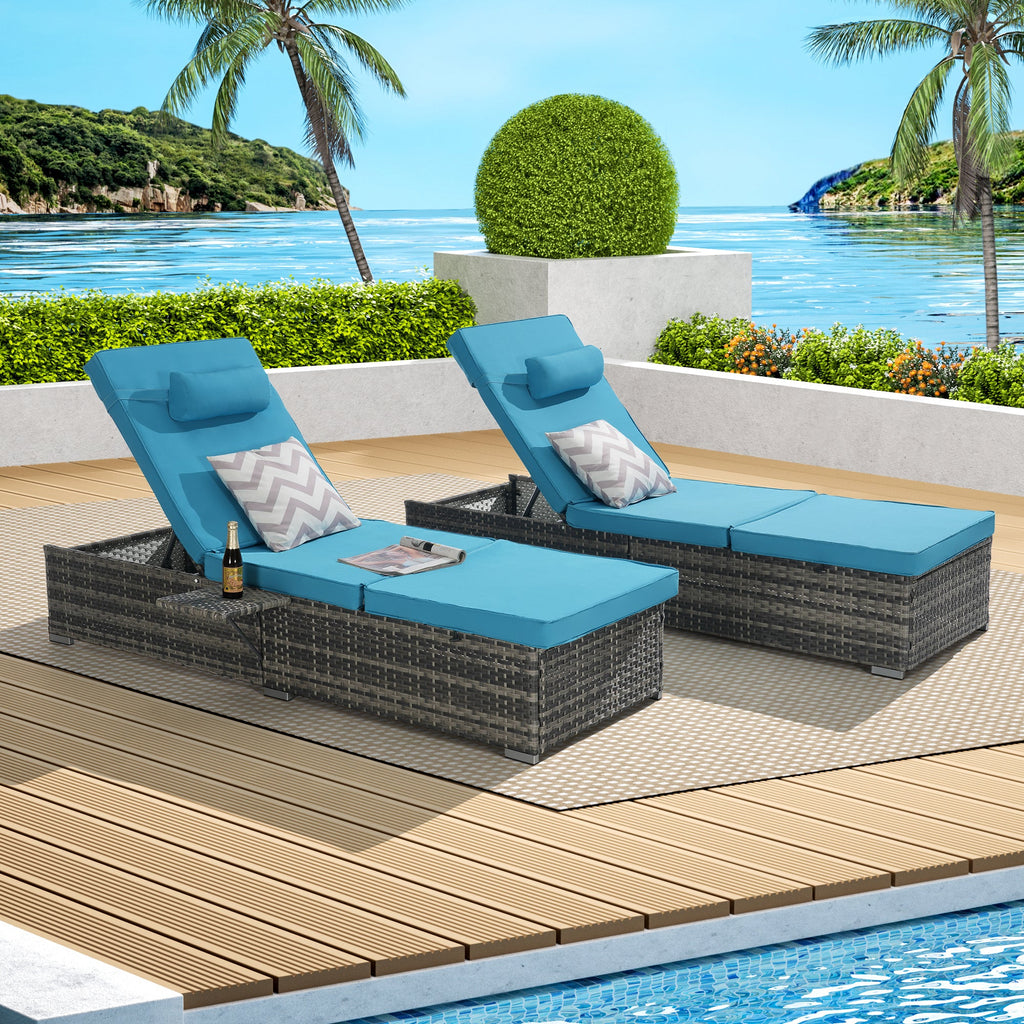 Chaise Lounge PE Rattan Steel Light Blue 5 Position Set of 2 600 LB