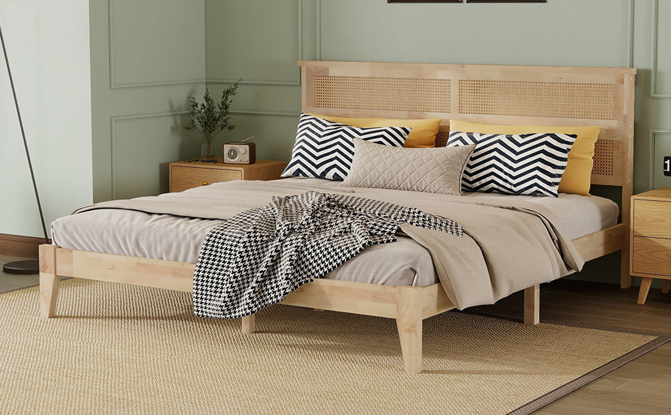 King Size Solid Wood Bed with Rattan Headboard, Rubber Wood Bed with Central