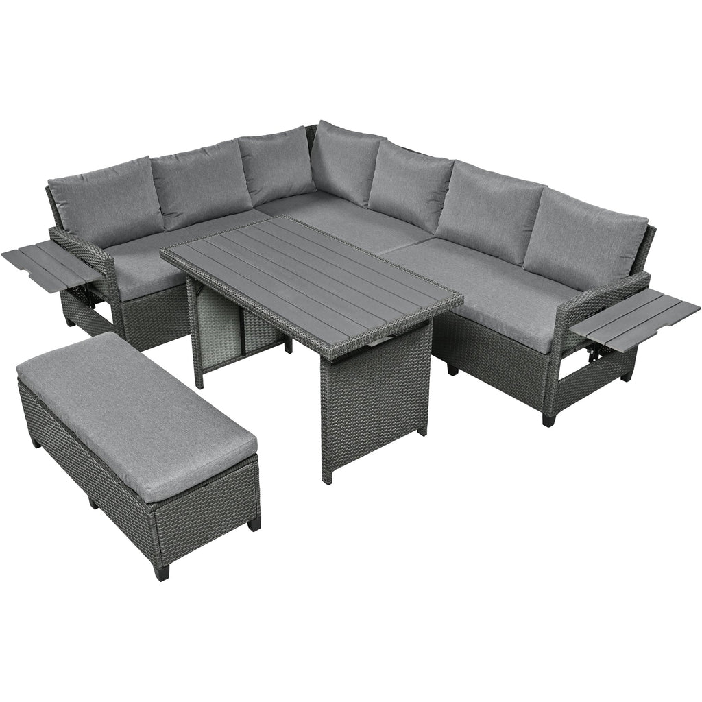 Outdoor Sectional Set PE Wicker Steel Gray 5 Piece L-Shape Seats 7