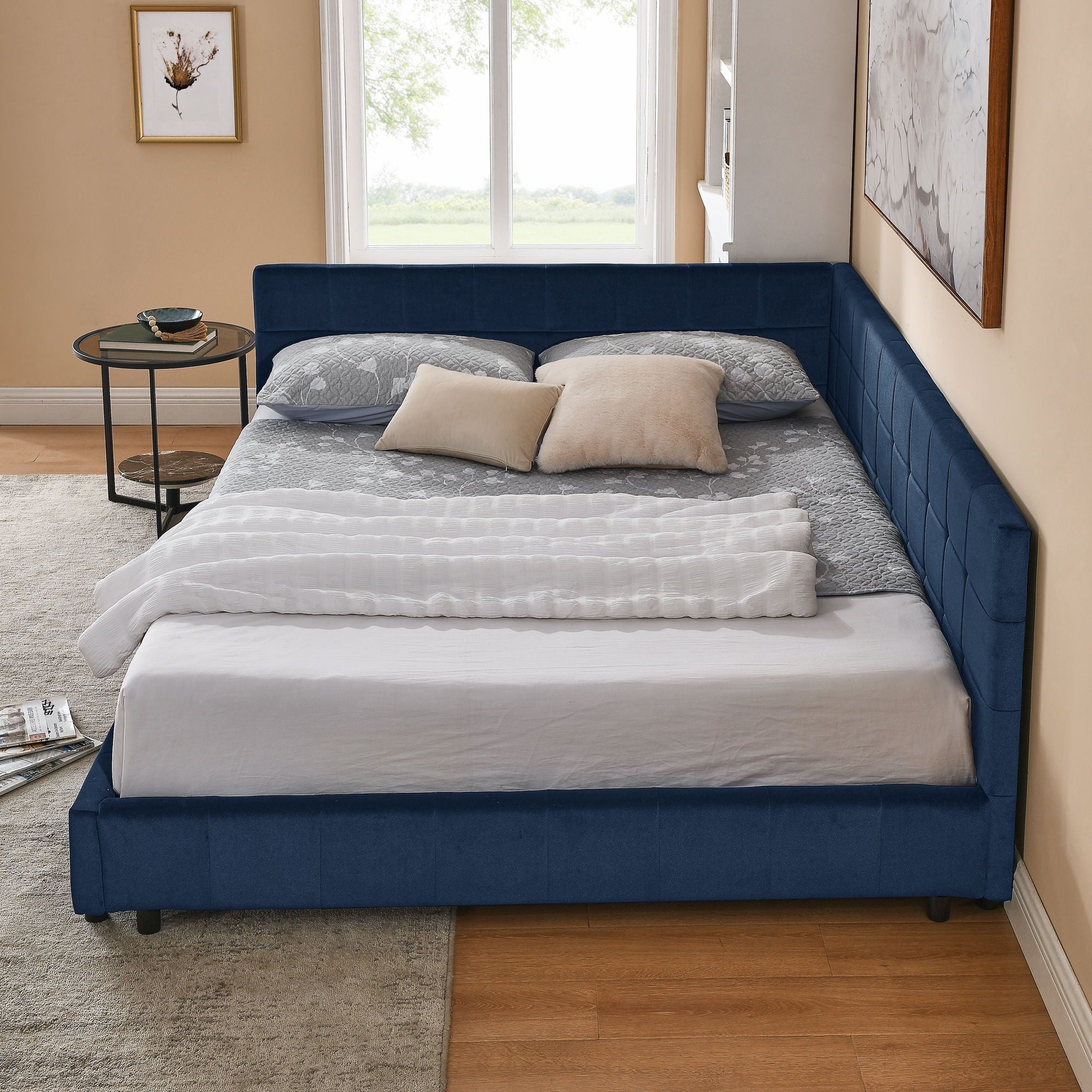 Mid-Century Storage Upholstered Tufted Bed Frame With Backrest And Armrests