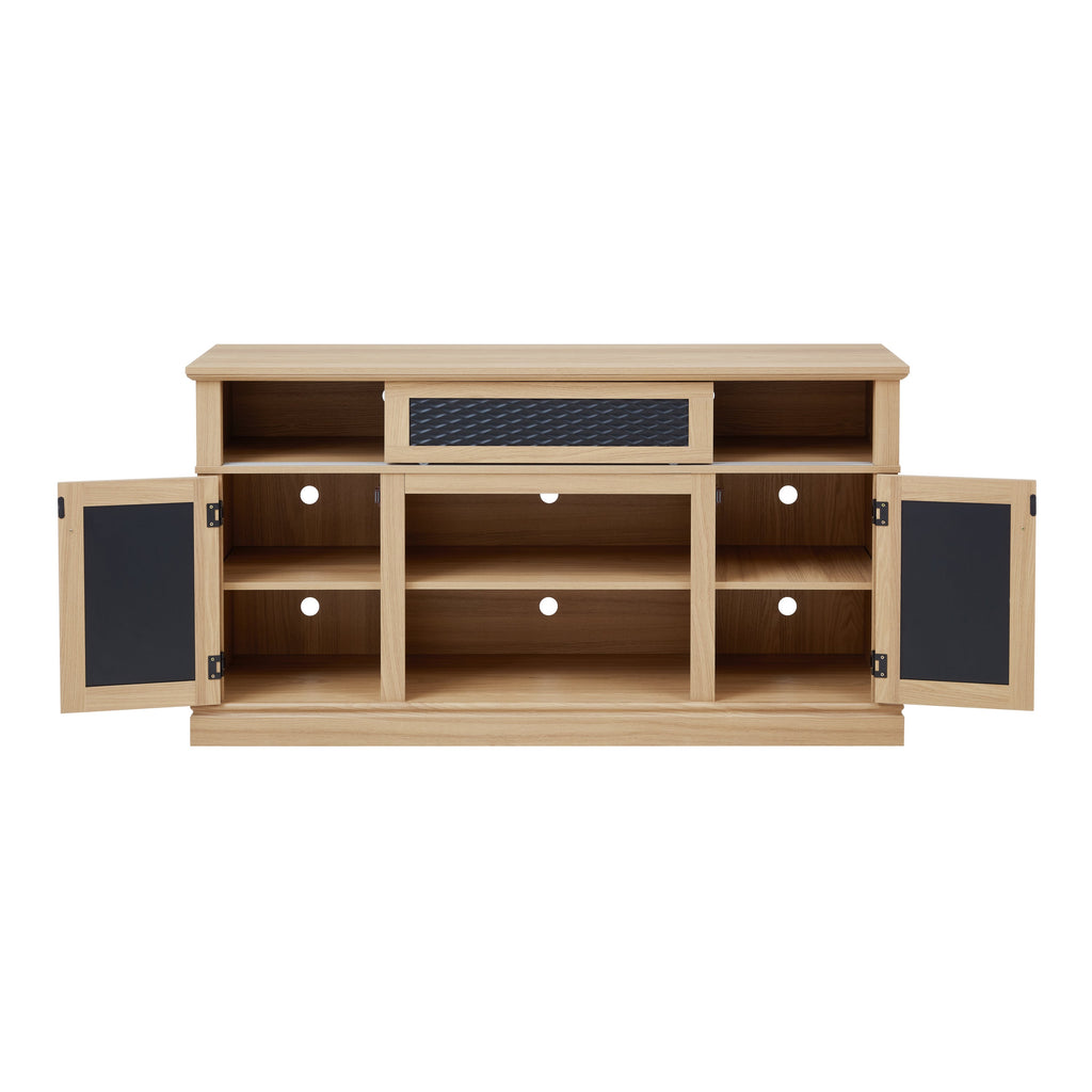 TV Stand Farmhouse Light Oak MDF Embossed Doors 3-Shelf Fits 65 In TV 58.27 In
