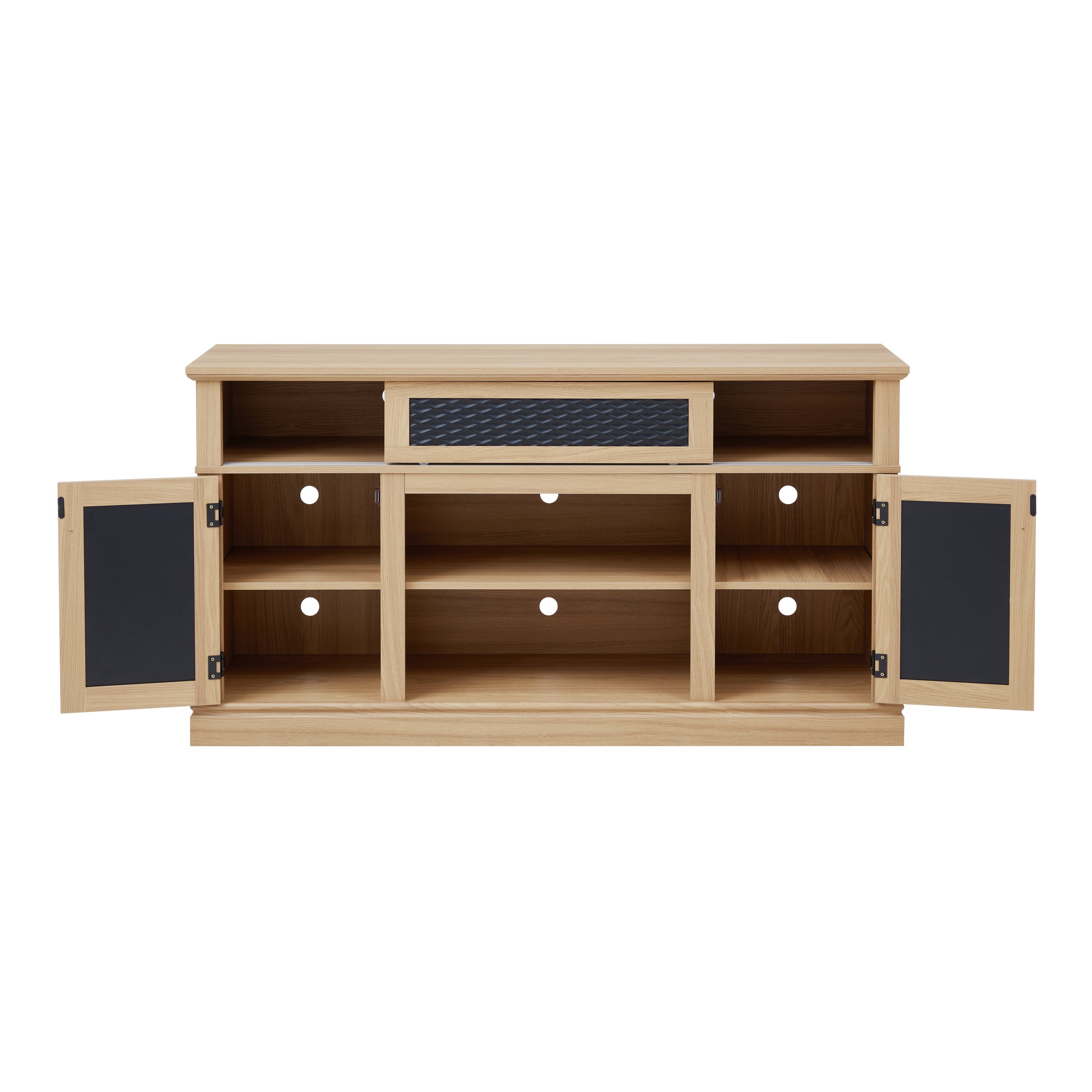 TV Stand Farmhouse Light Oak MDF Embossed Doors 3-Shelf Fits 65 In TV 58.27 In