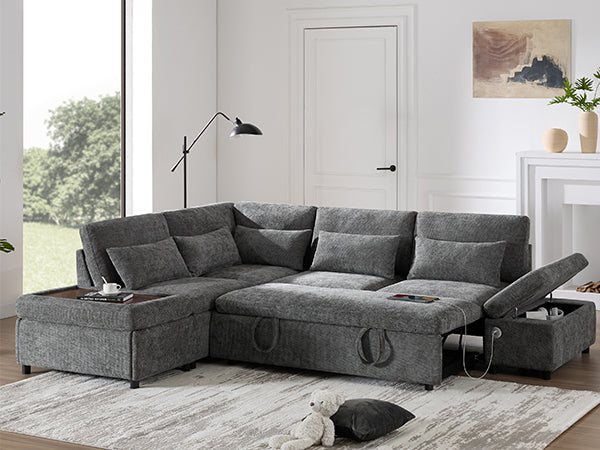 Sofa Bed L-Shape Chenille Gray 6 Seat Pull-Out USB Ports 107 In