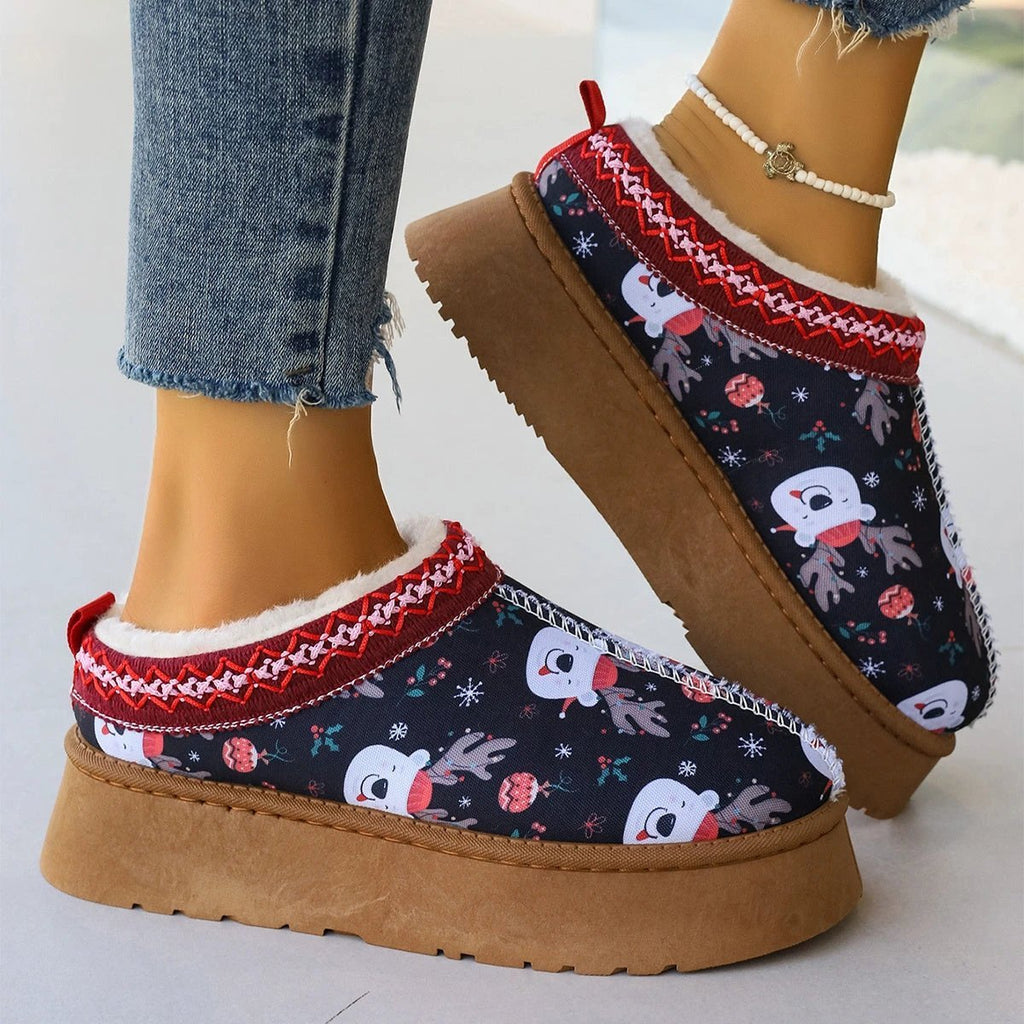 Mandotos Christmas Cartoon Print Plush Lined Slip On Navy Ankle Boots For Women Indoor Home Shoes