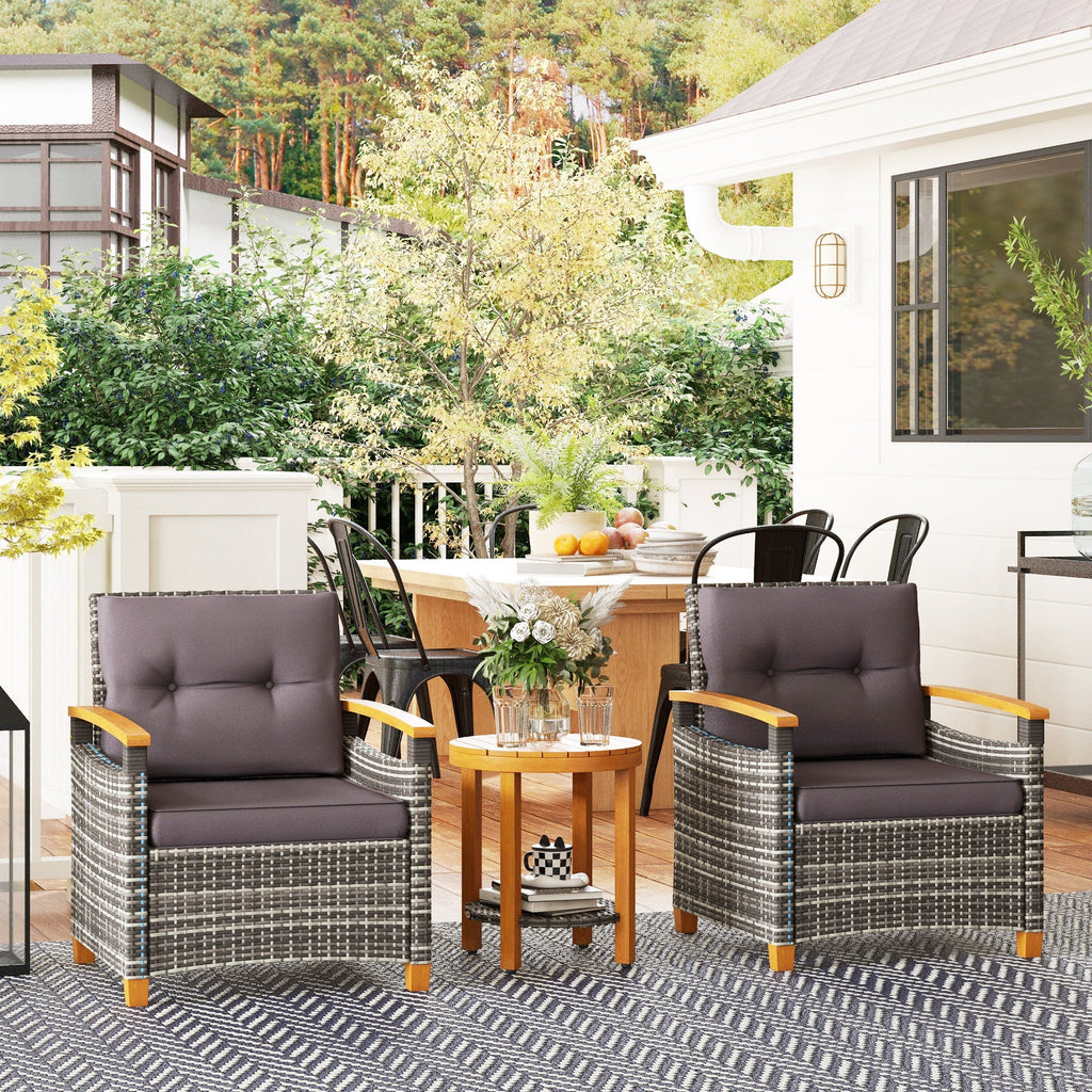 Outdoor Bistro Set PE Rattan Wood Frame Gray 3 Piece