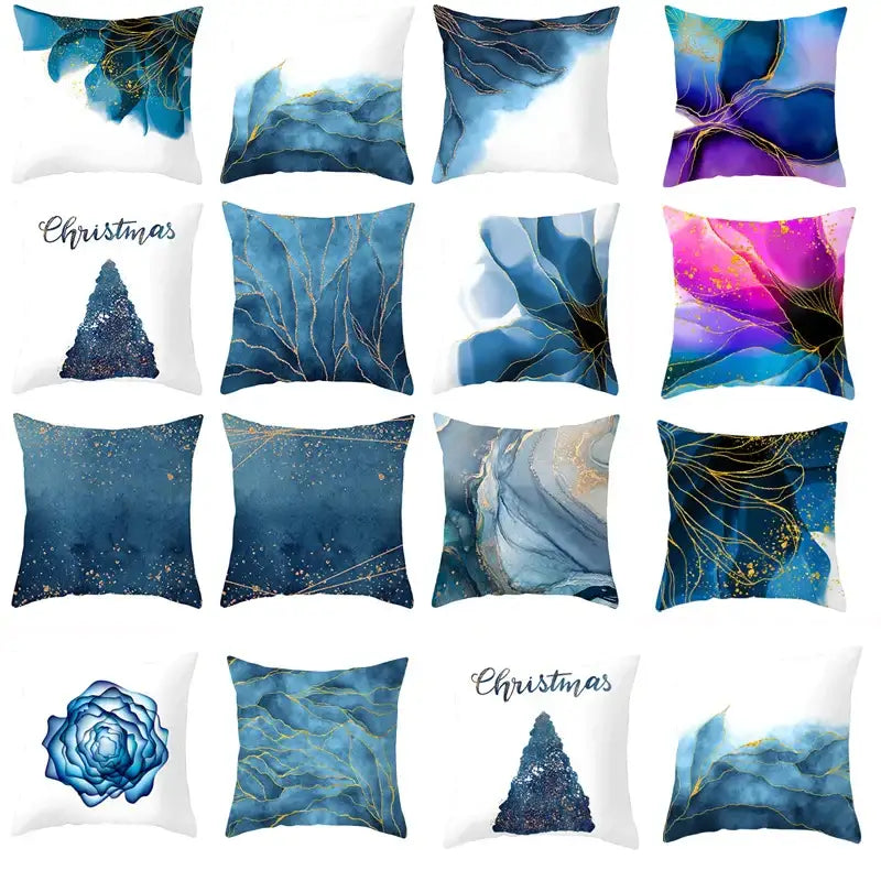 DecorBites™ Blue Ink Gold Edge Geometric Cushion Cover - Polyester Throw Pillow Case