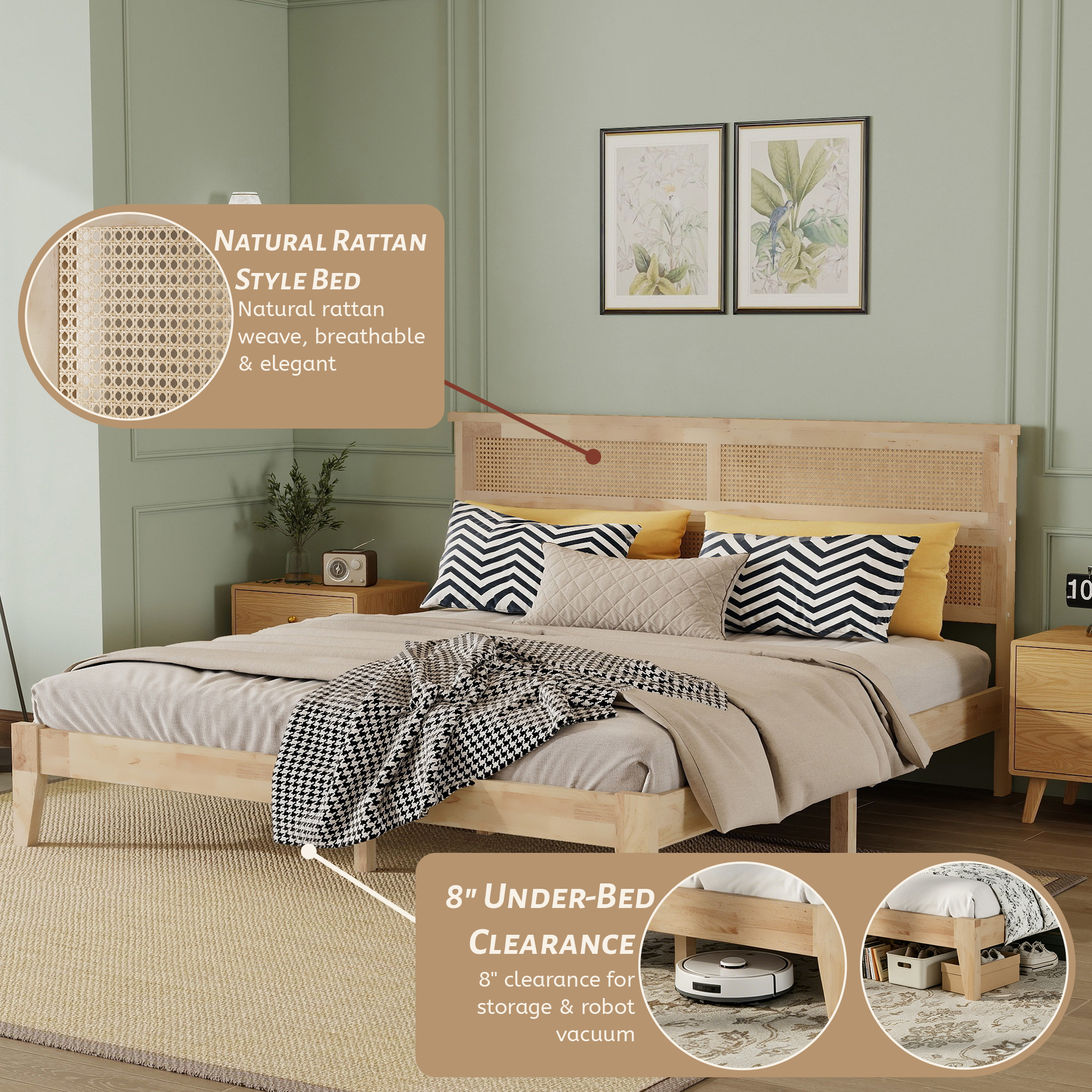 King Size Solid Wood Bed with Rattan Headboard, Rubber Wood Bed with Central