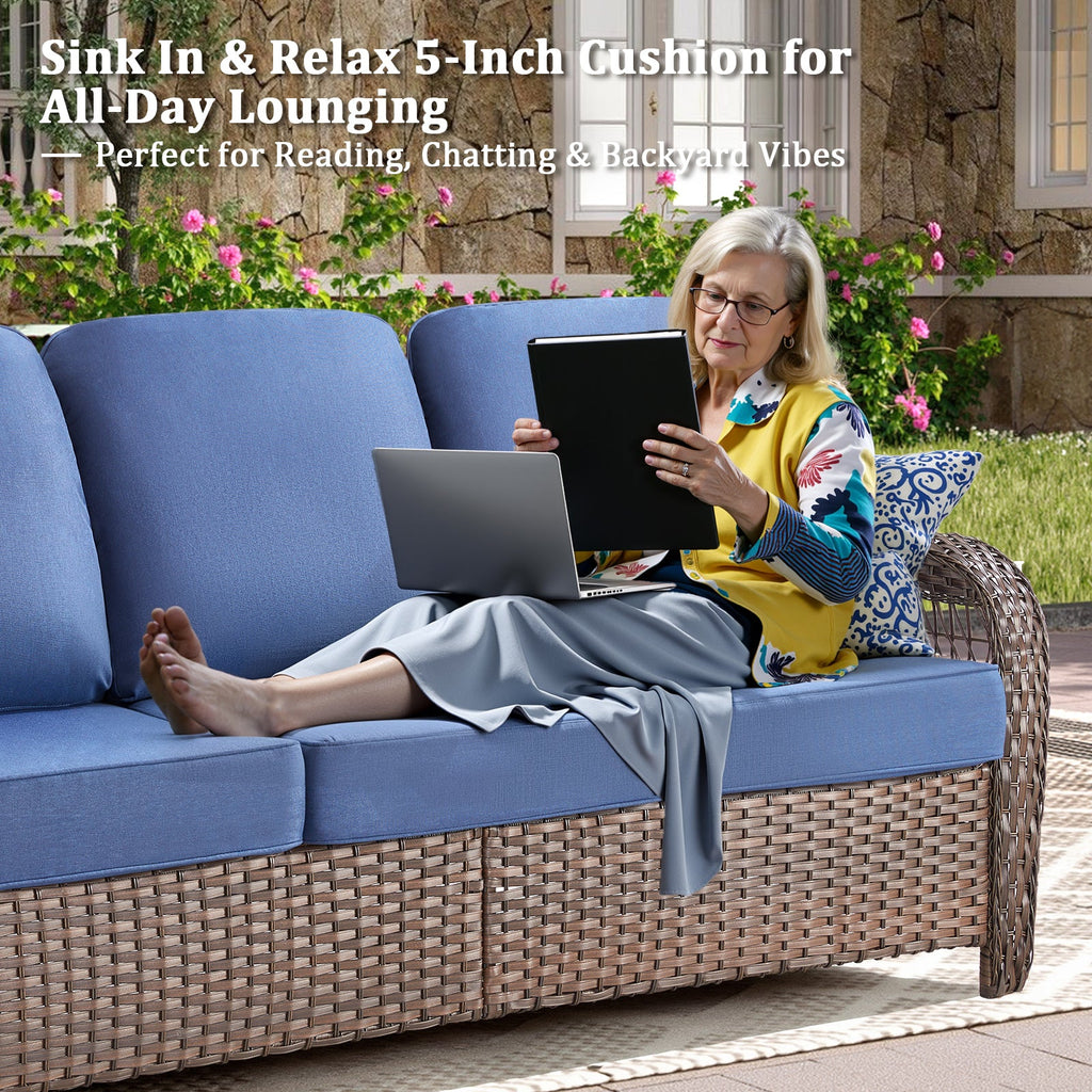 Outdoor Sofa T-Back PE Rattan Blue 3 Seat 5 in Foam Cushions 75in