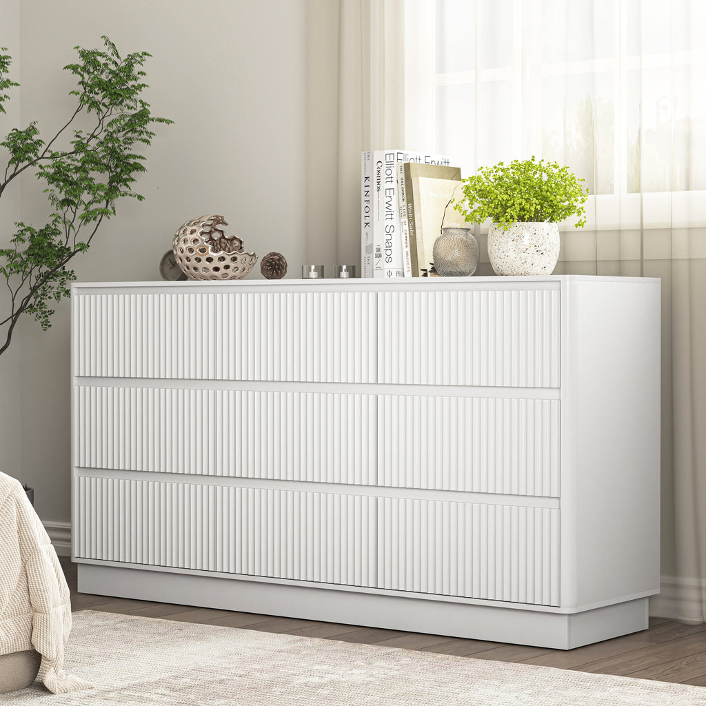Dresser Mid-Century 9-Drawer White Wave No-Handle 59.1x15.7x31.6 In
