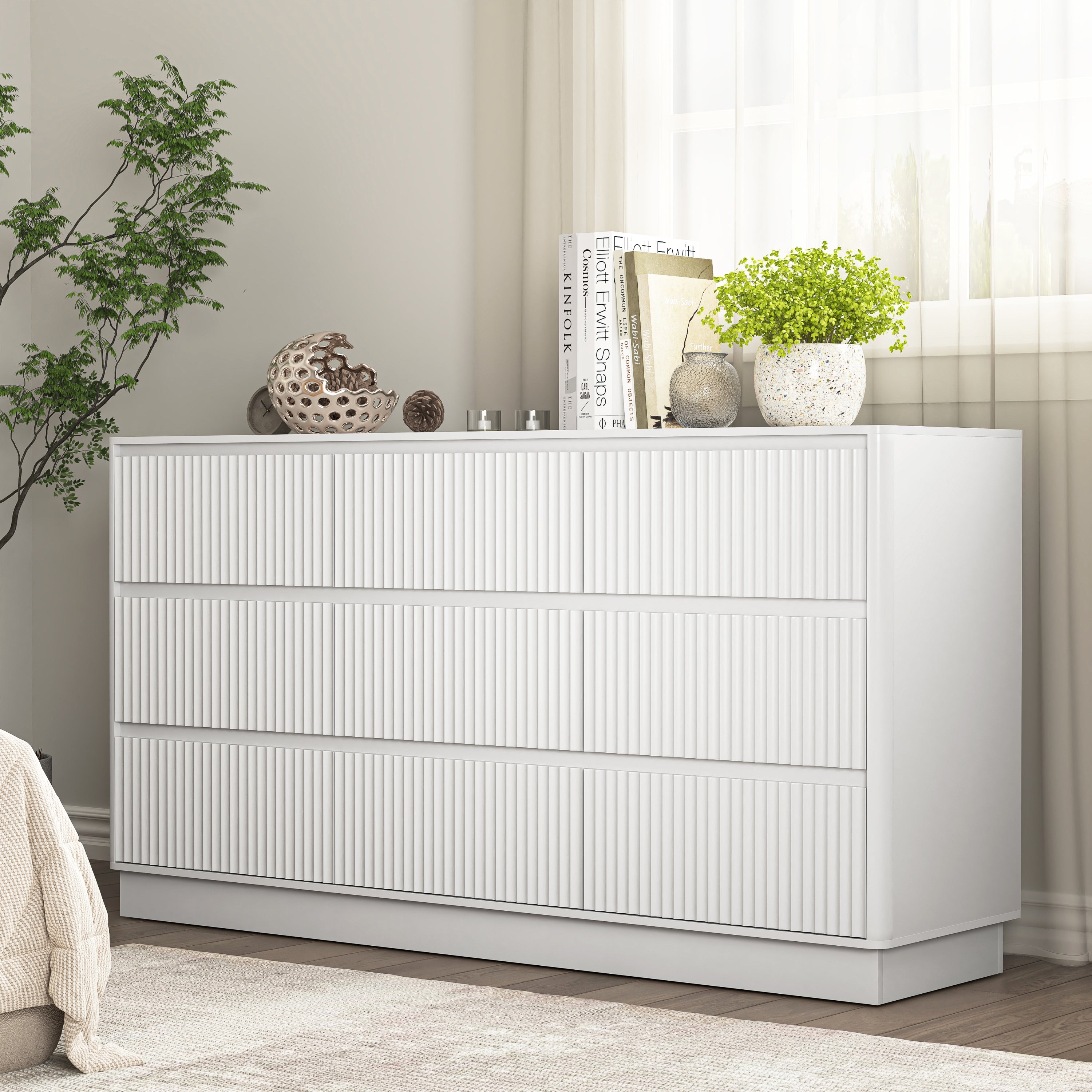 Dresser Mid-Century 9-Drawer White Wave No-Handle 59.1x15.7x31.6 In