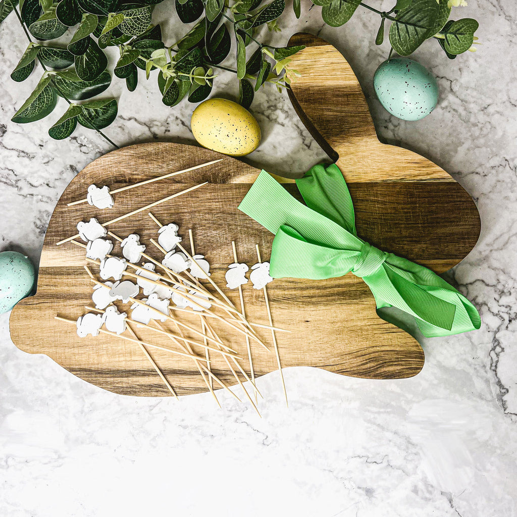 Acacia Wood Bunny Cutting Board With 20 Bunny Toothpicks And Ribbon Gift