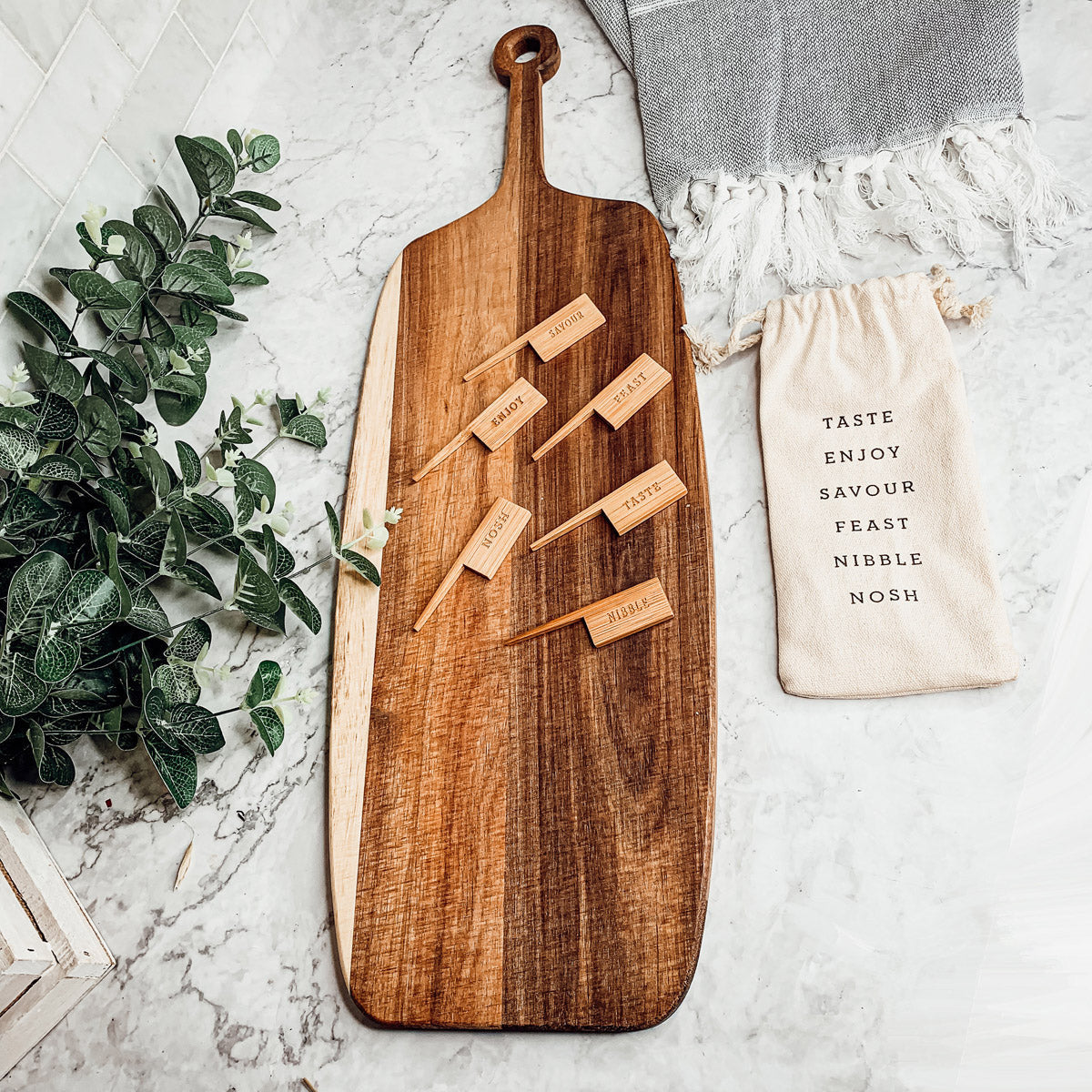 Acacia Wood Serving Board 23x8 Inch With Bamboo Cheese Markers And Handle