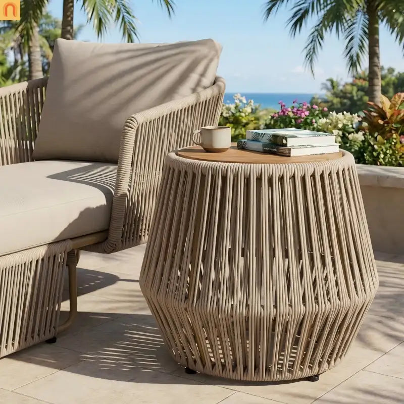 Outdoor Side Table Acacia Wood Rope Base Light Teak Beige 21x18.3in