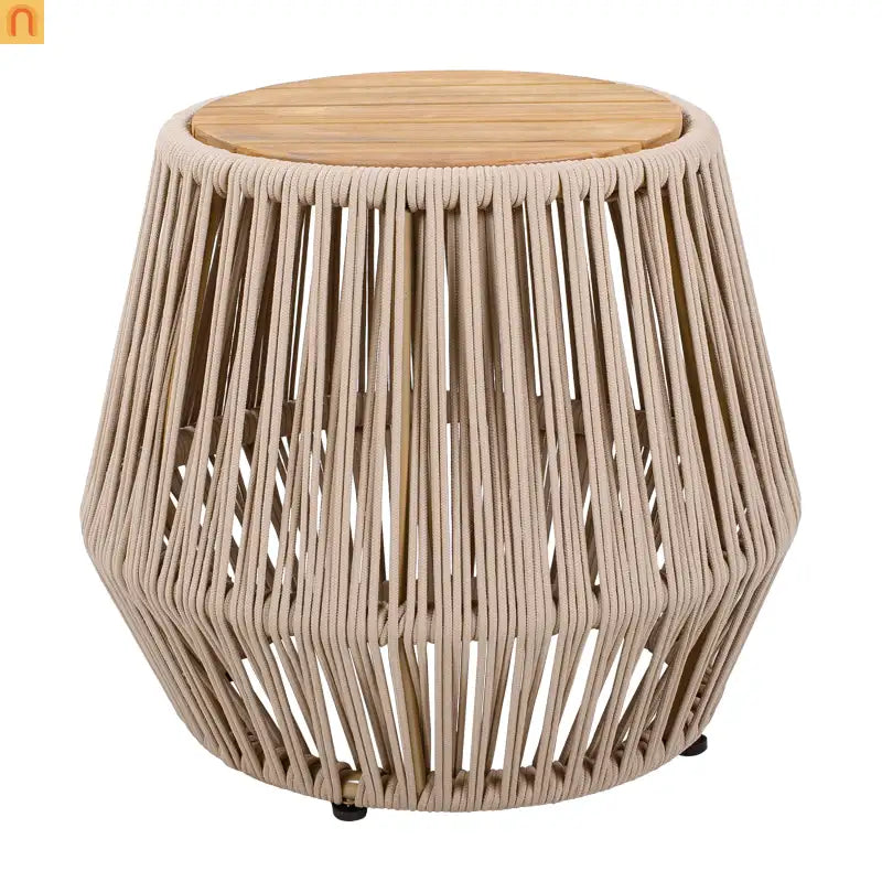 Outdoor Side Table Acacia Wood Rope Base Light Teak Beige 21x18.3in