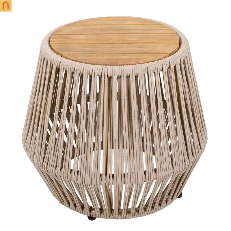 Outdoor Side Table Acacia Wood Rope Base Light Teak Beige 21x18.3in