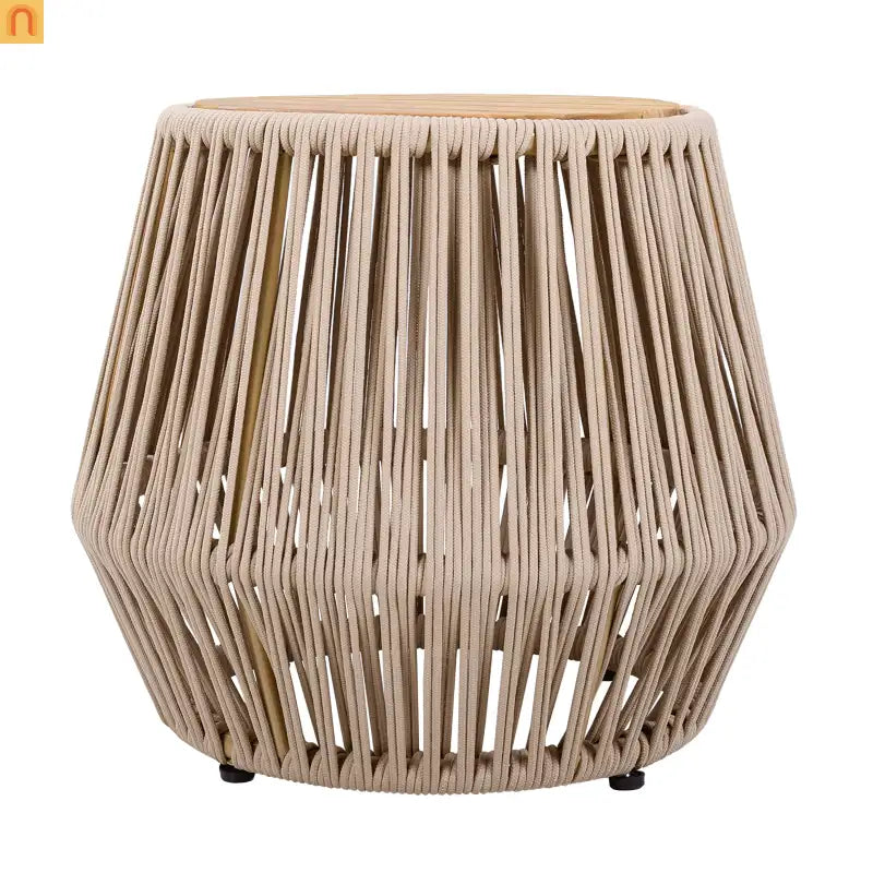 Outdoor Side Table Acacia Wood Rope Base Light Teak Beige 21x18.3in
