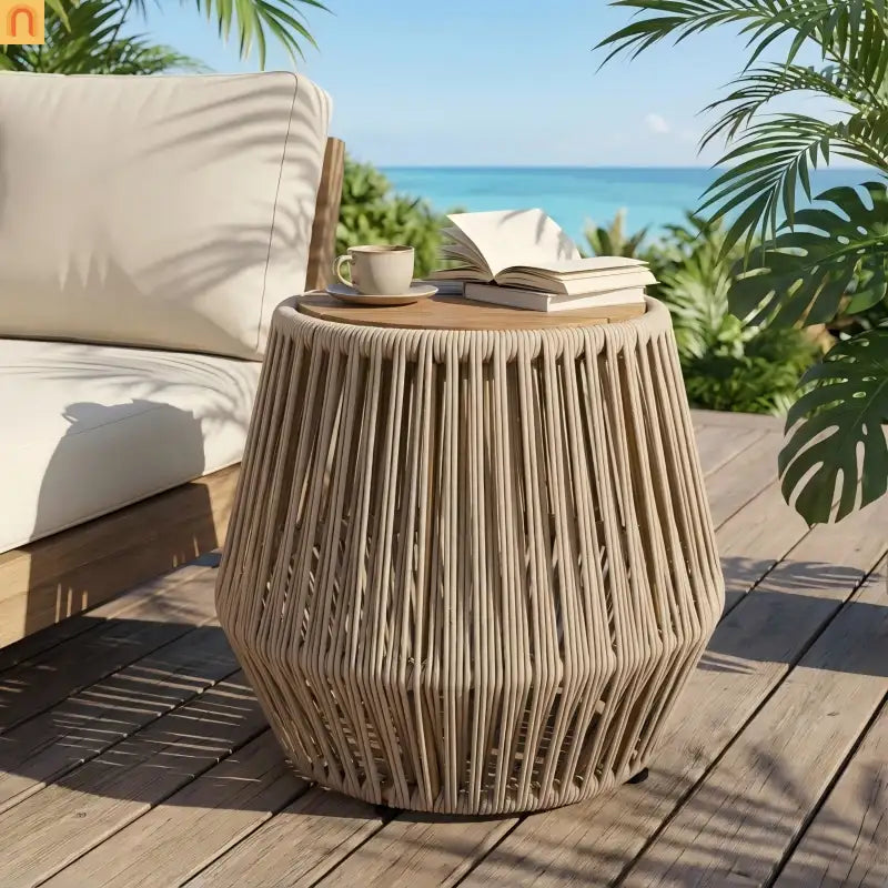 Outdoor Side Table Acacia Wood Rope Base Light Teak Beige 21x18.3in