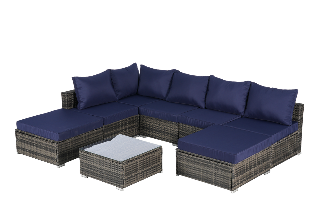 Outdoor Sectional Set PE Rattan Steel Dark Blue 8 Piece Seats 8 380 LB