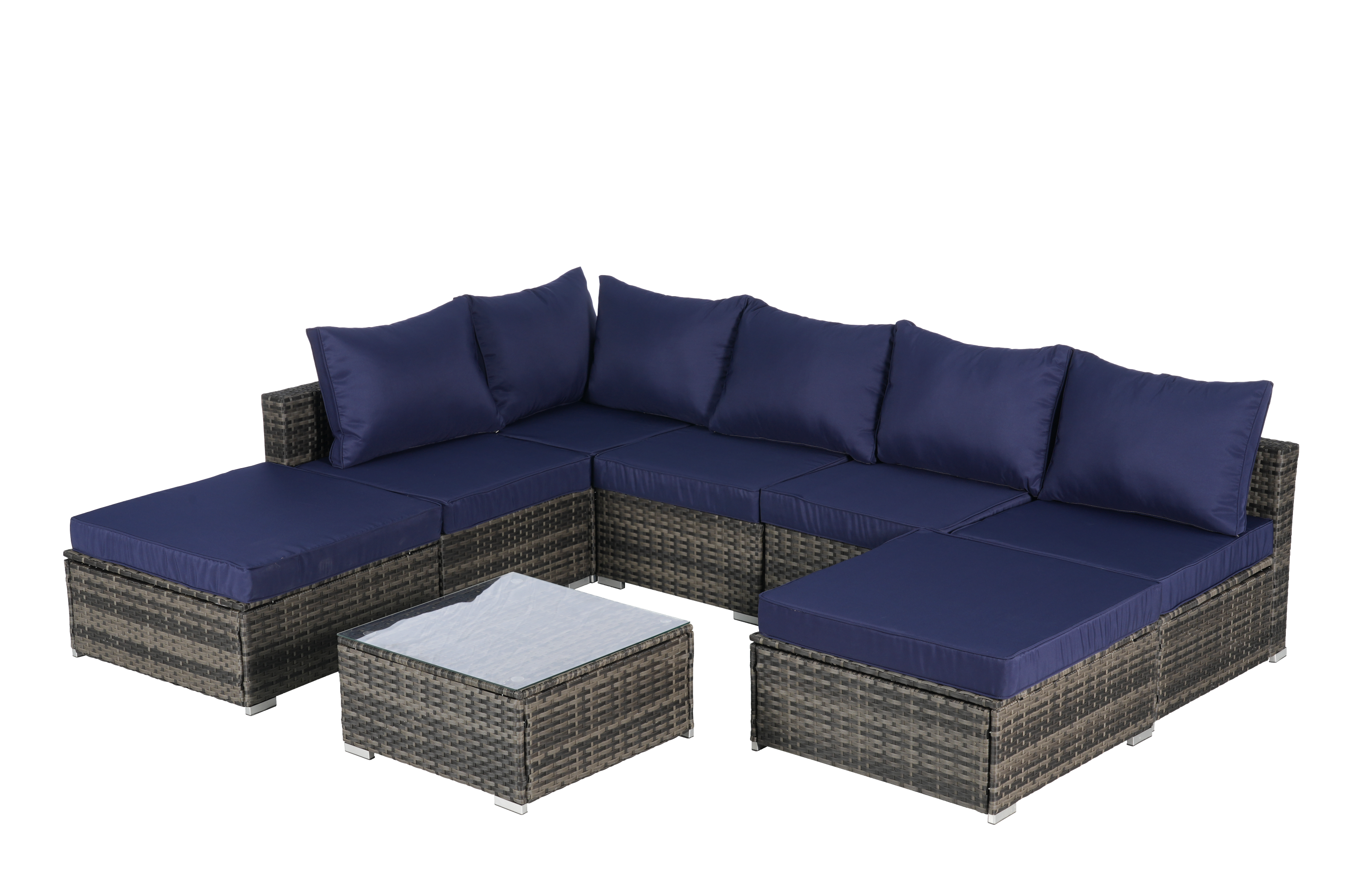 Outdoor Sectional Set PE Rattan Steel Dark Blue 8 Piece Seats 8 380 LB