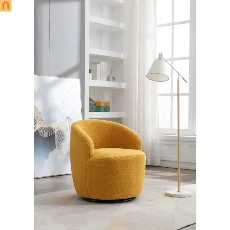 Barrel Swivel Accent Chair Teddy Fabric Yellow