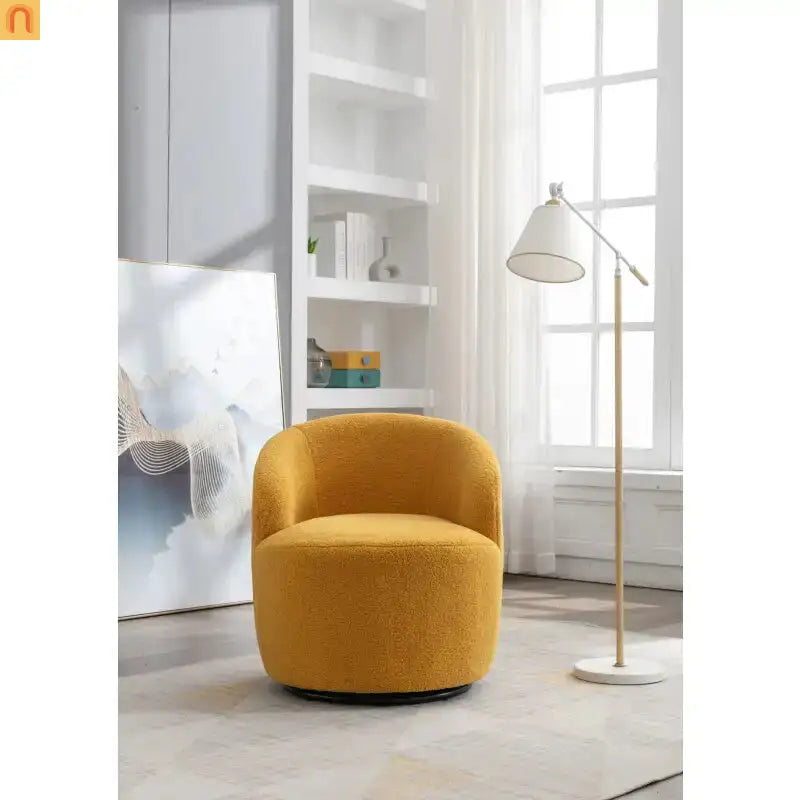 Barrel Swivel Accent Chair Teddy Fabric Yellow