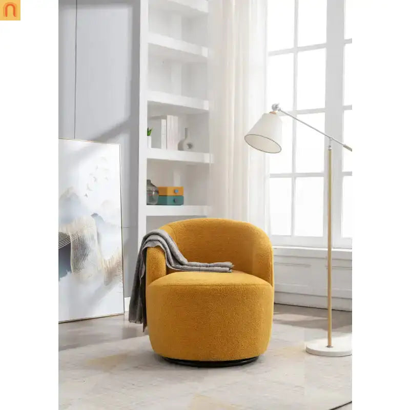 Barrel Swivel Accent Chair Teddy Fabric Yellow