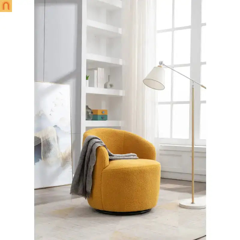 Barrel Swivel Accent Chair Teddy Fabric Yellow