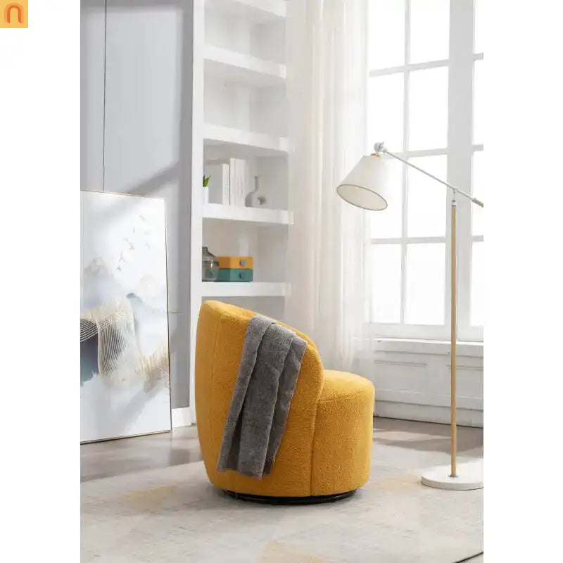 Barrel Swivel Accent Chair Teddy Fabric Yellow