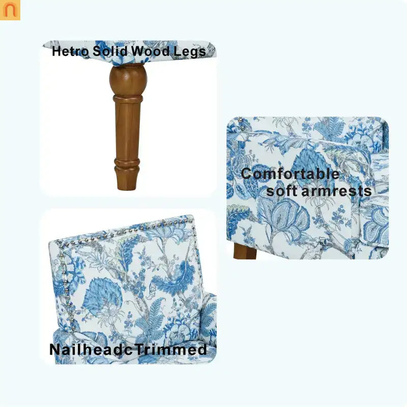 Accent Chair Farmhouse Floral Fabric Blue Nailhead Trim Wood Legs 28in