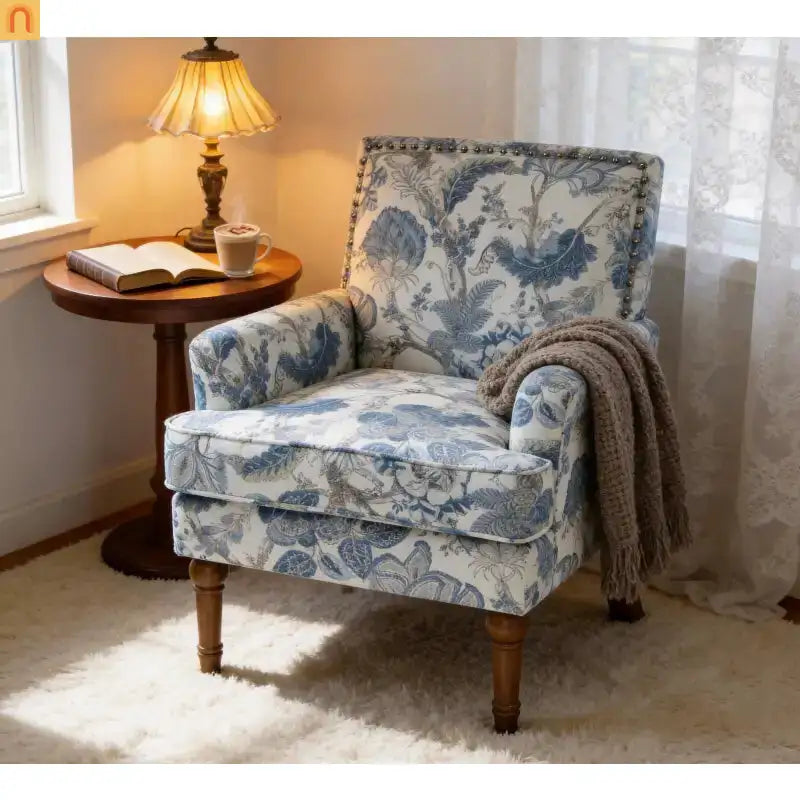 Accent Chair Farmhouse Floral Fabric Blue Nailhead Trim Wood Legs 28in