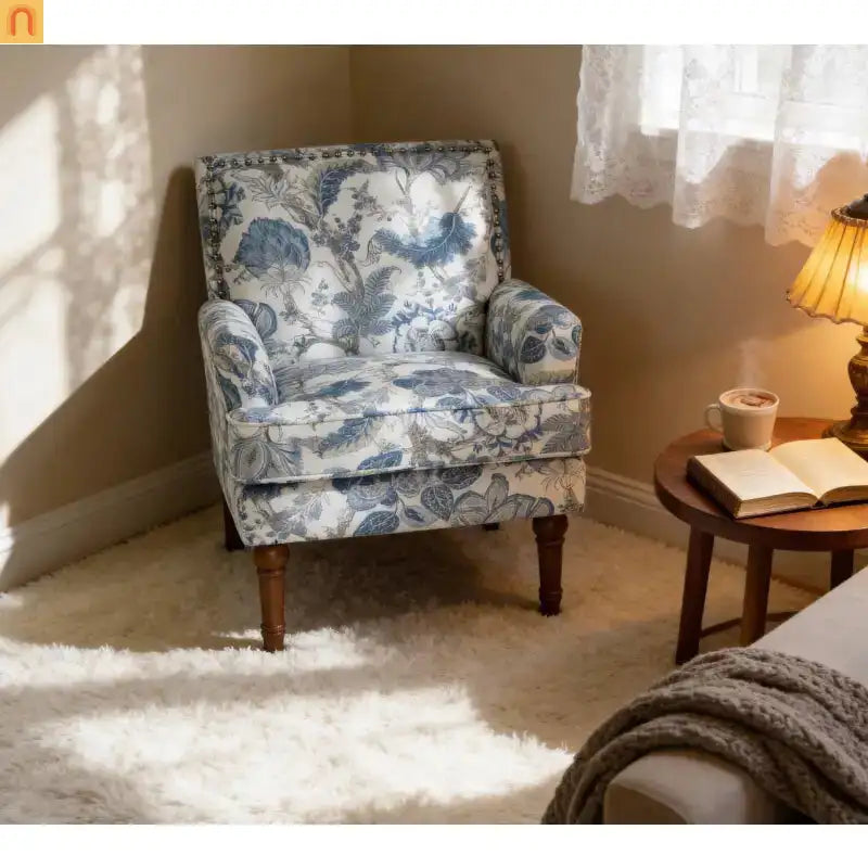 Accent Chair Farmhouse Floral Fabric Blue Nailhead Trim Wood Legs 28in