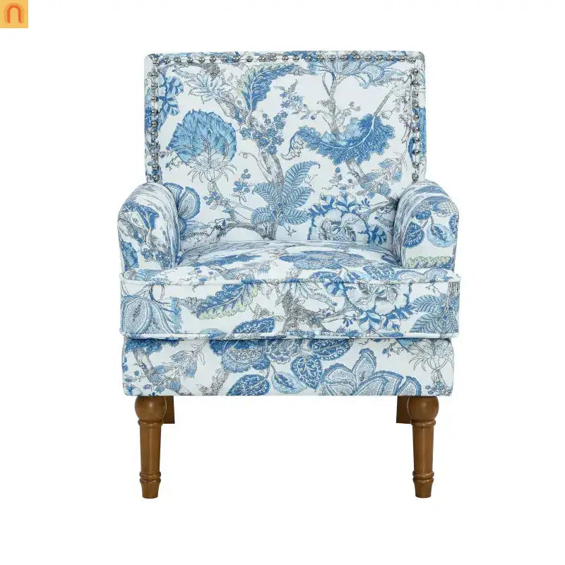 Accent Chair Farmhouse Floral Fabric Blue Nailhead Trim Wood Legs 28in