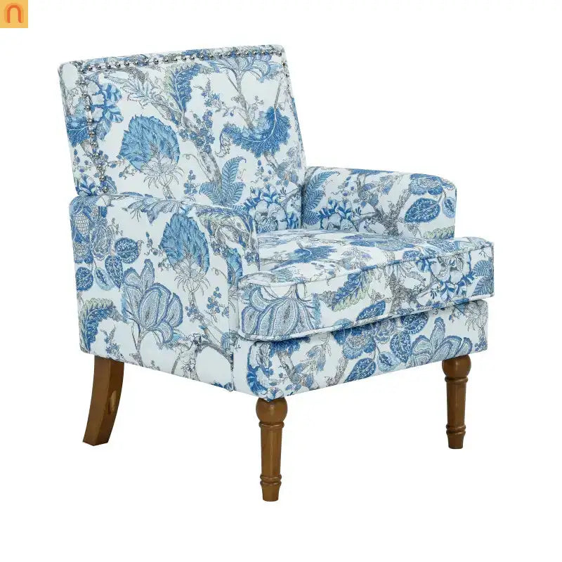 Accent Chair Farmhouse Floral Fabric Blue Nailhead Trim Wood Legs 28in