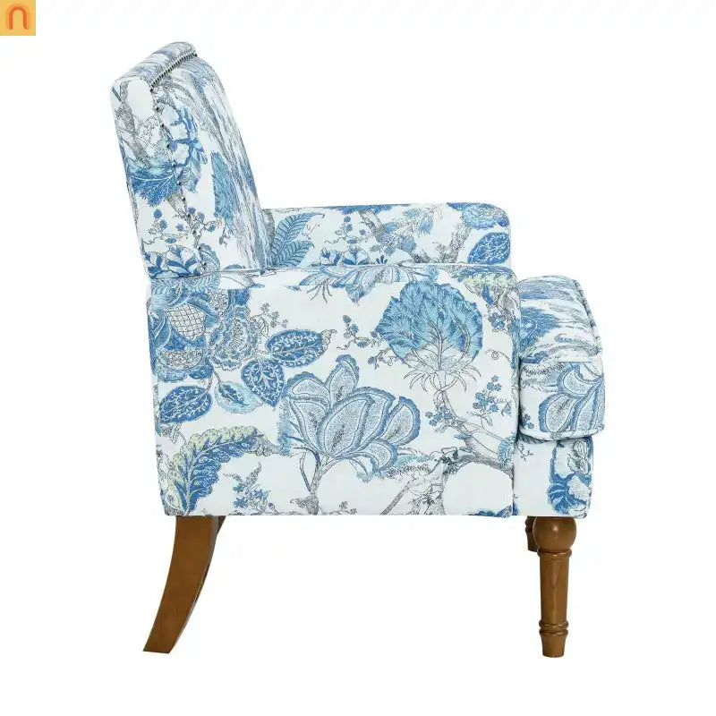 Accent Chair Farmhouse Floral Fabric Blue Nailhead Trim Wood Legs 28in