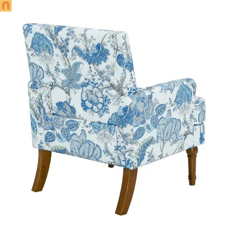 Accent Chair Farmhouse Floral Fabric Blue Nailhead Trim Wood Legs 28in