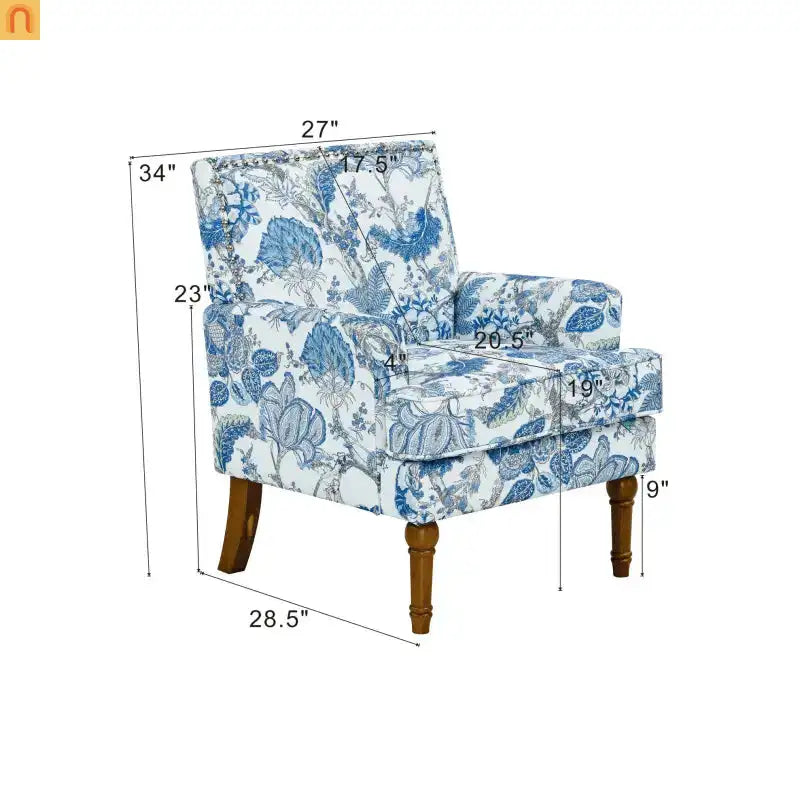 Accent Chair Farmhouse Floral Fabric Blue Nailhead Trim Wood Legs 28in