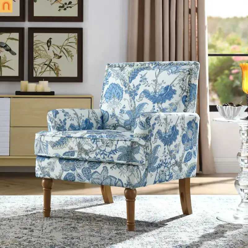 Accent Chair Farmhouse Floral Fabric Blue Nailhead Trim Wood Legs 28in