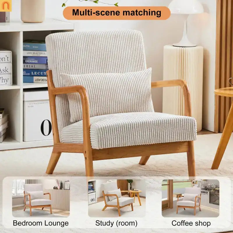 Accent Chair Mid Century Modern Polyester Beige Rubberwood 28.74in