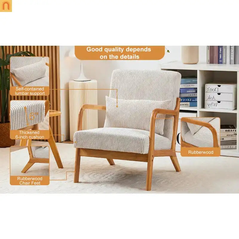 Accent Chair Mid Century Modern Polyester Beige Rubberwood 28.74in