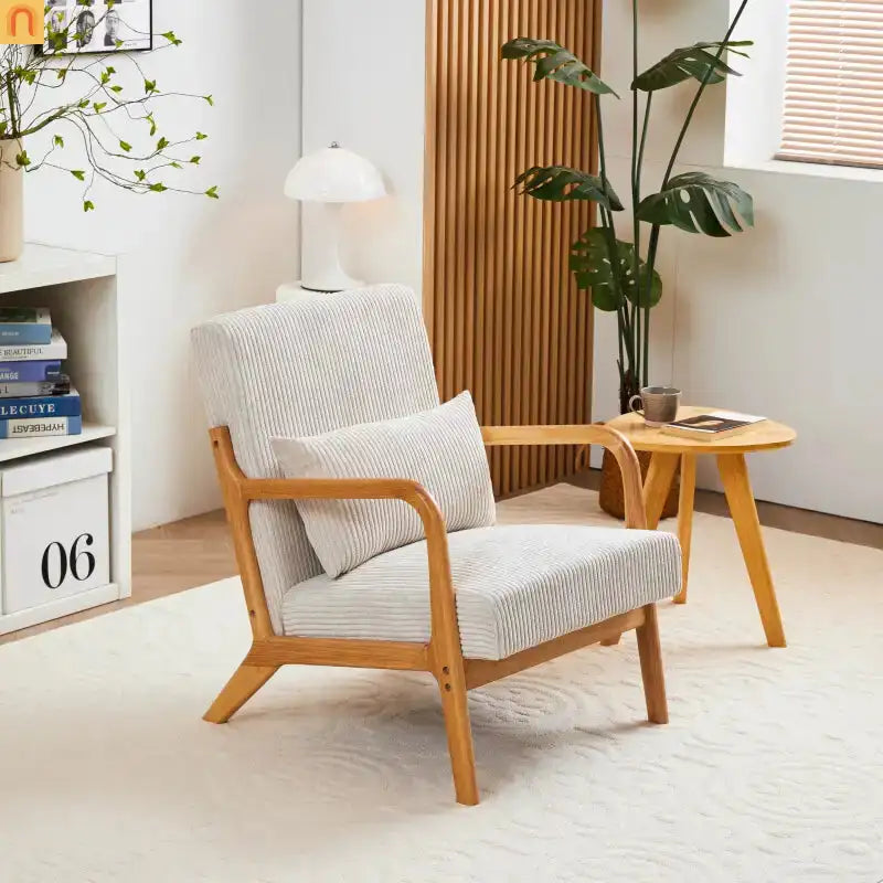 Accent Chair Mid Century Modern Polyester Beige Rubberwood 28.74in