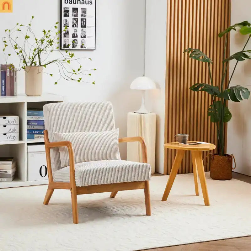 Accent Chair Mid Century Modern Polyester Beige Rubberwood 28.74in