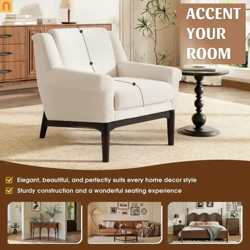 Accent Chair Mid Century Modern Boucle Beige Flared Arms 31in