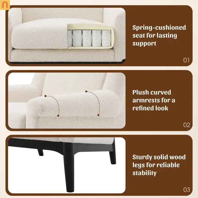 Accent Chair Mid Century Modern Boucle Beige Flared Arms 31in
